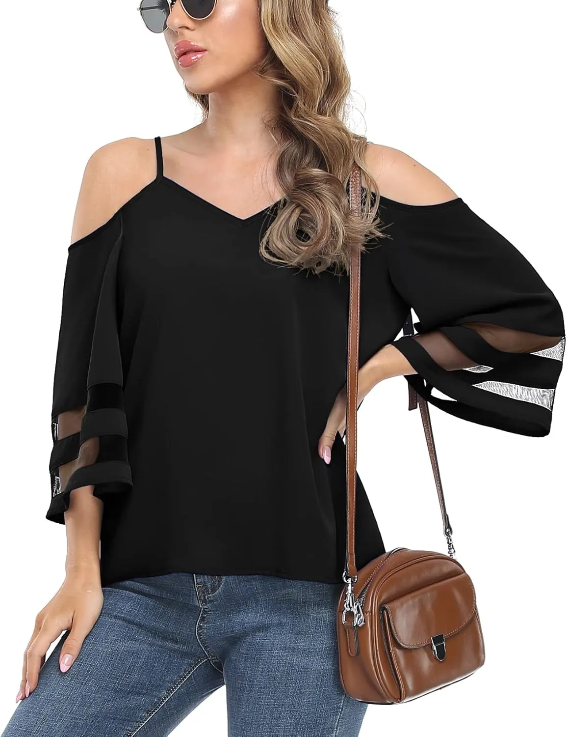 Jouica Women‘s Summer Cold Shoulder Tops Mesh Panel 3/4 Bell Sleeve Tees Adjustable Spaghetti Strap Loose Fit Shirts