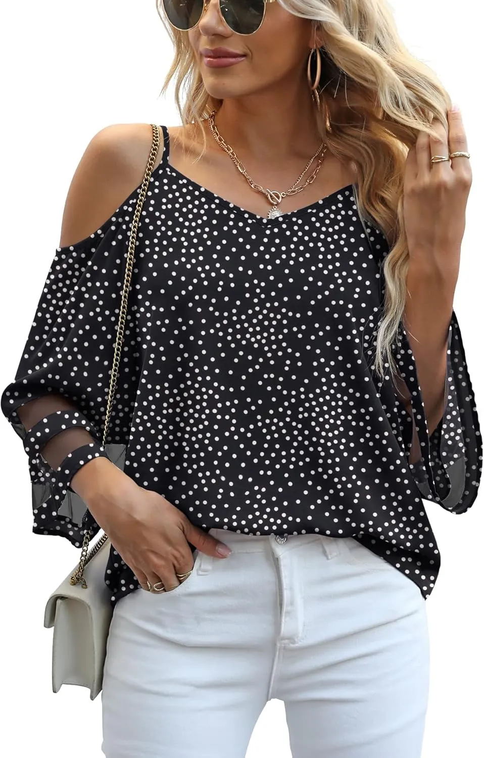 Jouica Women‘s Summer Cold Shoulder Tops Mesh Panel 3/4 Bell Sleeve Tees Adjustable Spaghetti Strap Loose Fit Shirts