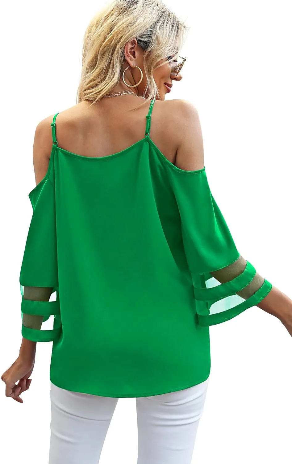 Jouica Women‘s Summer Cold Shoulder Tops Mesh Panel 3/4 Bell Sleeve Tees Adjustable Spaghetti Strap Loose Fit Shirts
