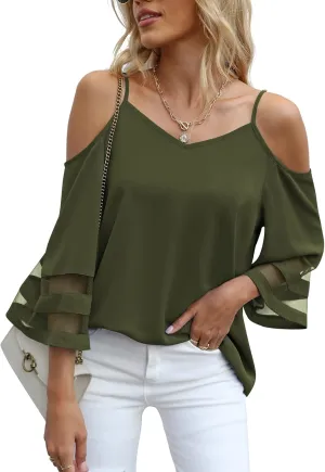 Jouica Women‘s Summer Cold Shoulder Tops Mesh Panel 3/4 Bell Sleeve Tees Adjustable Spaghetti Strap Loose Fit Shirts