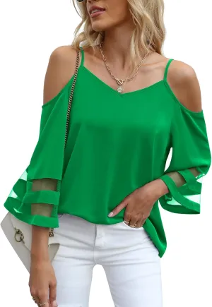 Jouica Women‘s Summer Cold Shoulder Tops Mesh Panel 3/4 Bell Sleeve Tees Adjustable Spaghetti Strap Loose Fit Shirts