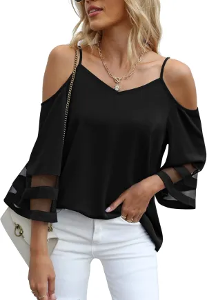 Jouica Women‘s Summer Cold Shoulder Tops Mesh Panel 3/4 Bell Sleeve Tees Adjustable Spaghetti Strap Loose Fit Shirts