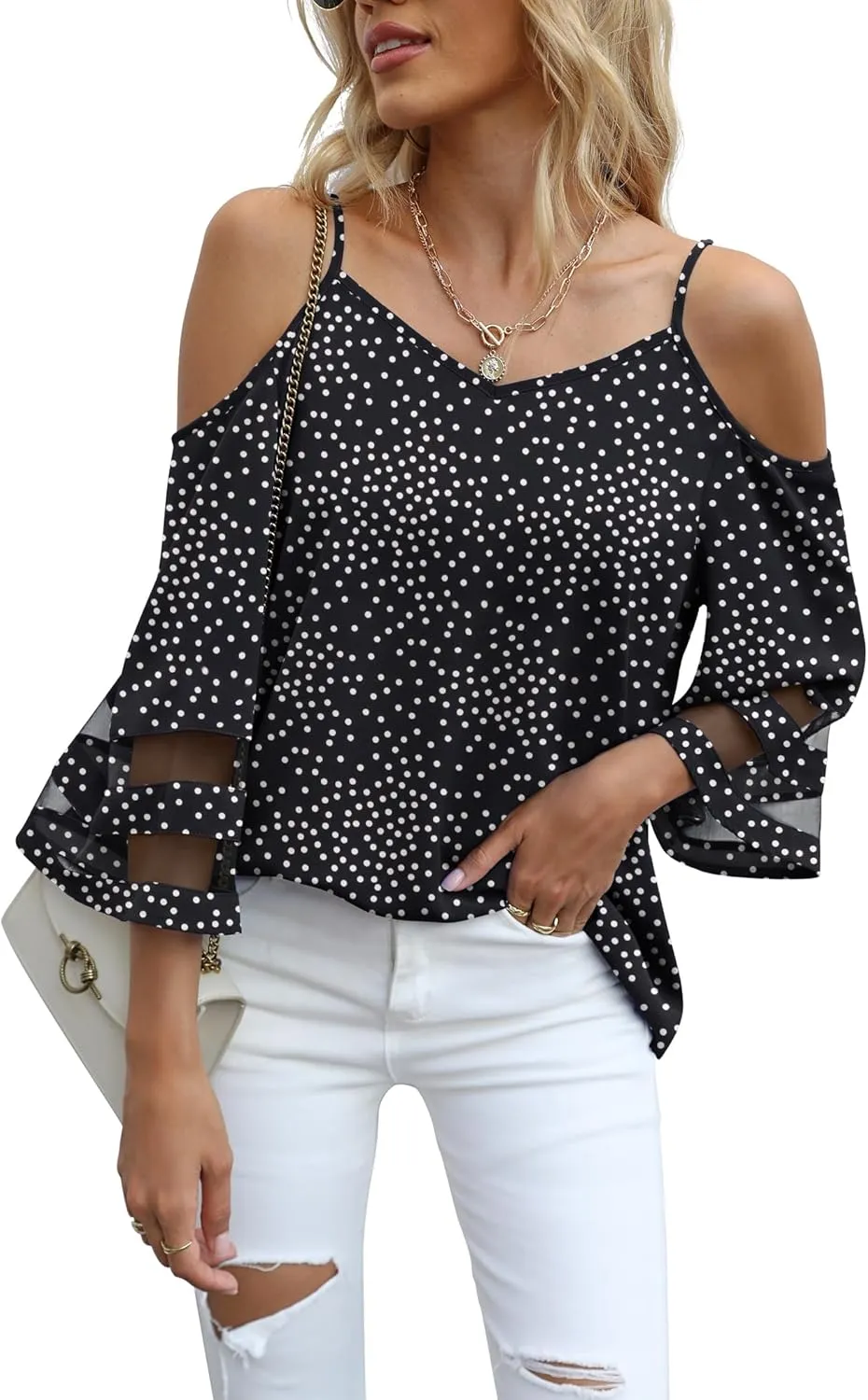 Jouica Women‘s Summer Cold Shoulder Tops Mesh Panel 3/4 Bell Sleeve Tees Adjustable Spaghetti Strap Loose Fit Shirts