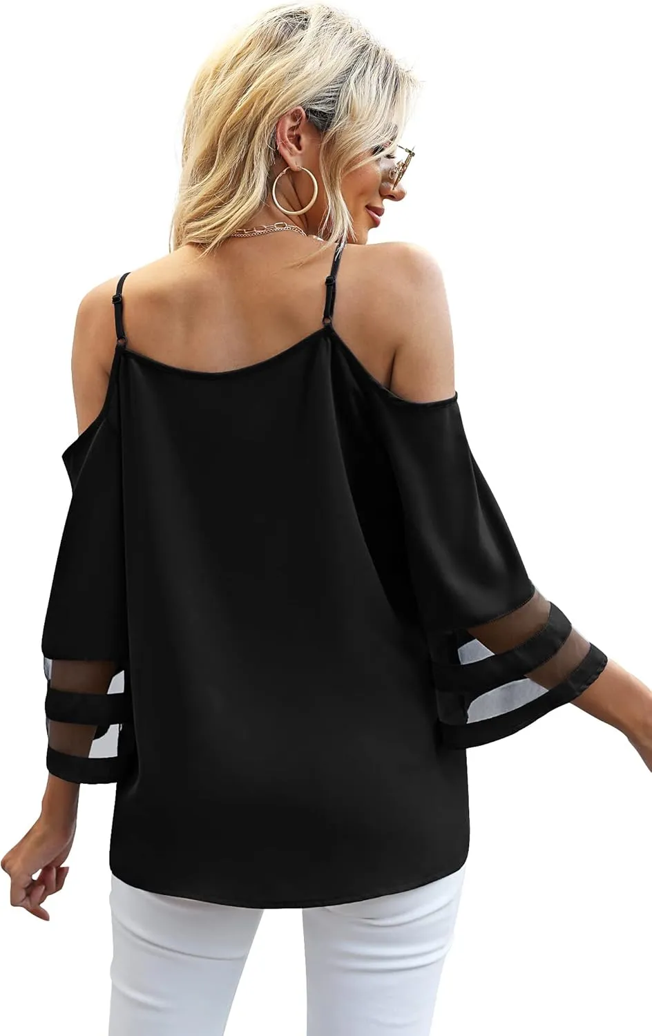 Jouica Women‘s Summer Cold Shoulder Tops Mesh Panel 3/4 Bell Sleeve Tees Adjustable Spaghetti Strap Loose Fit Shirts