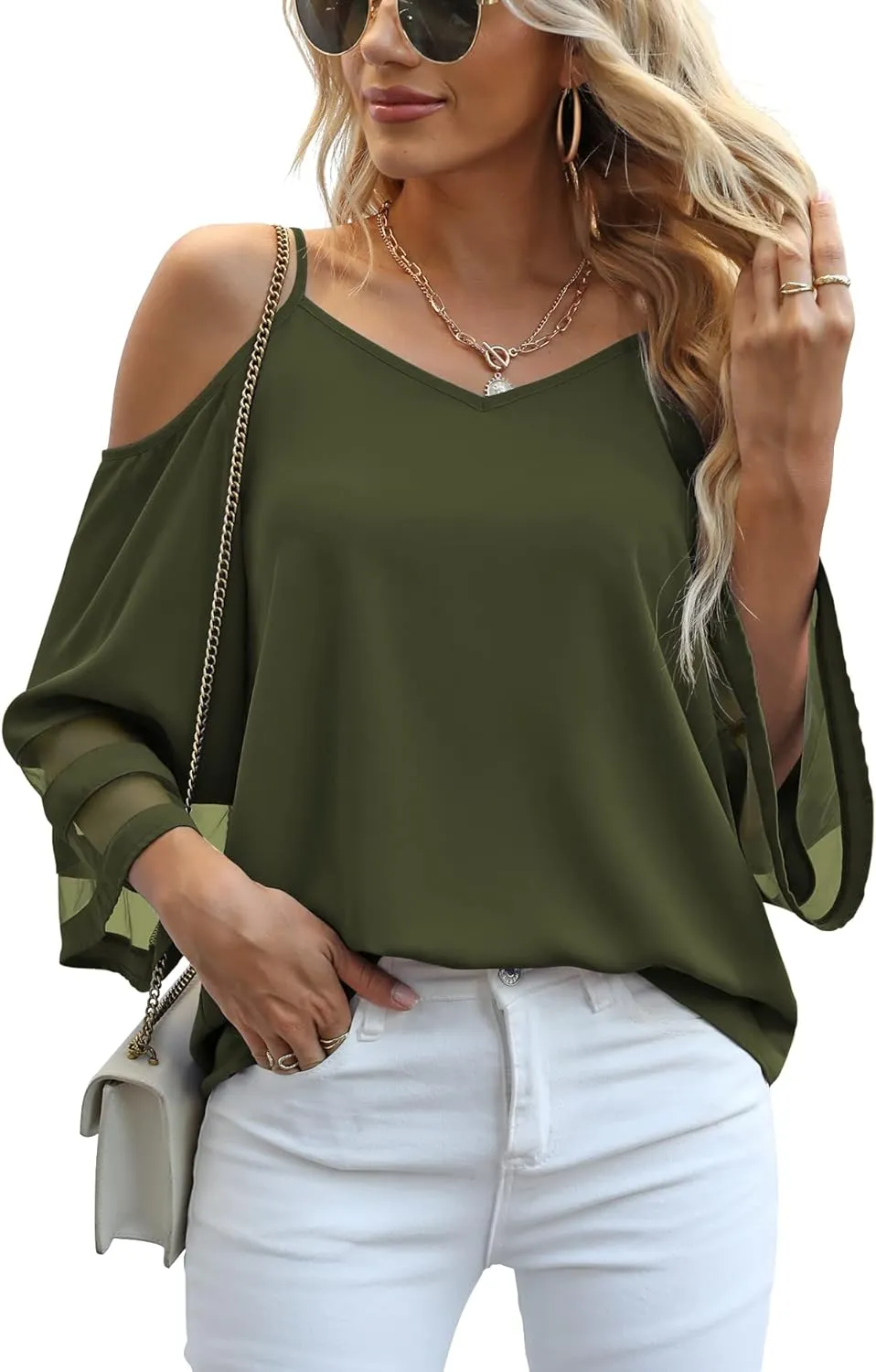 Jouica Women‘s Summer Cold Shoulder Tops Mesh Panel 3/4 Bell Sleeve Tees Adjustable Spaghetti Strap Loose Fit Shirts