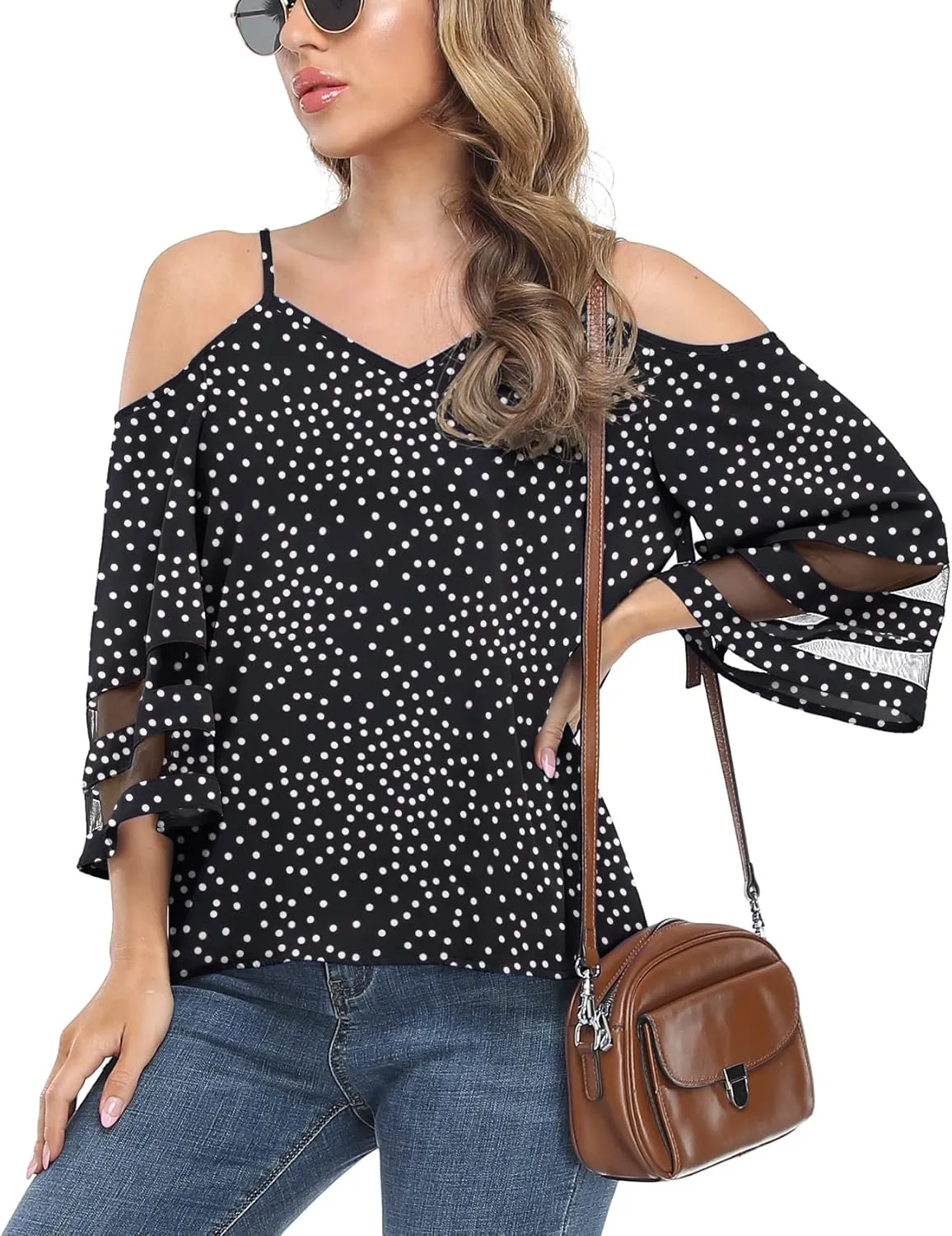 Jouica Women‘s Summer Cold Shoulder Tops Mesh Panel 3/4 Bell Sleeve Tees Adjustable Spaghetti Strap Loose Fit Shirts