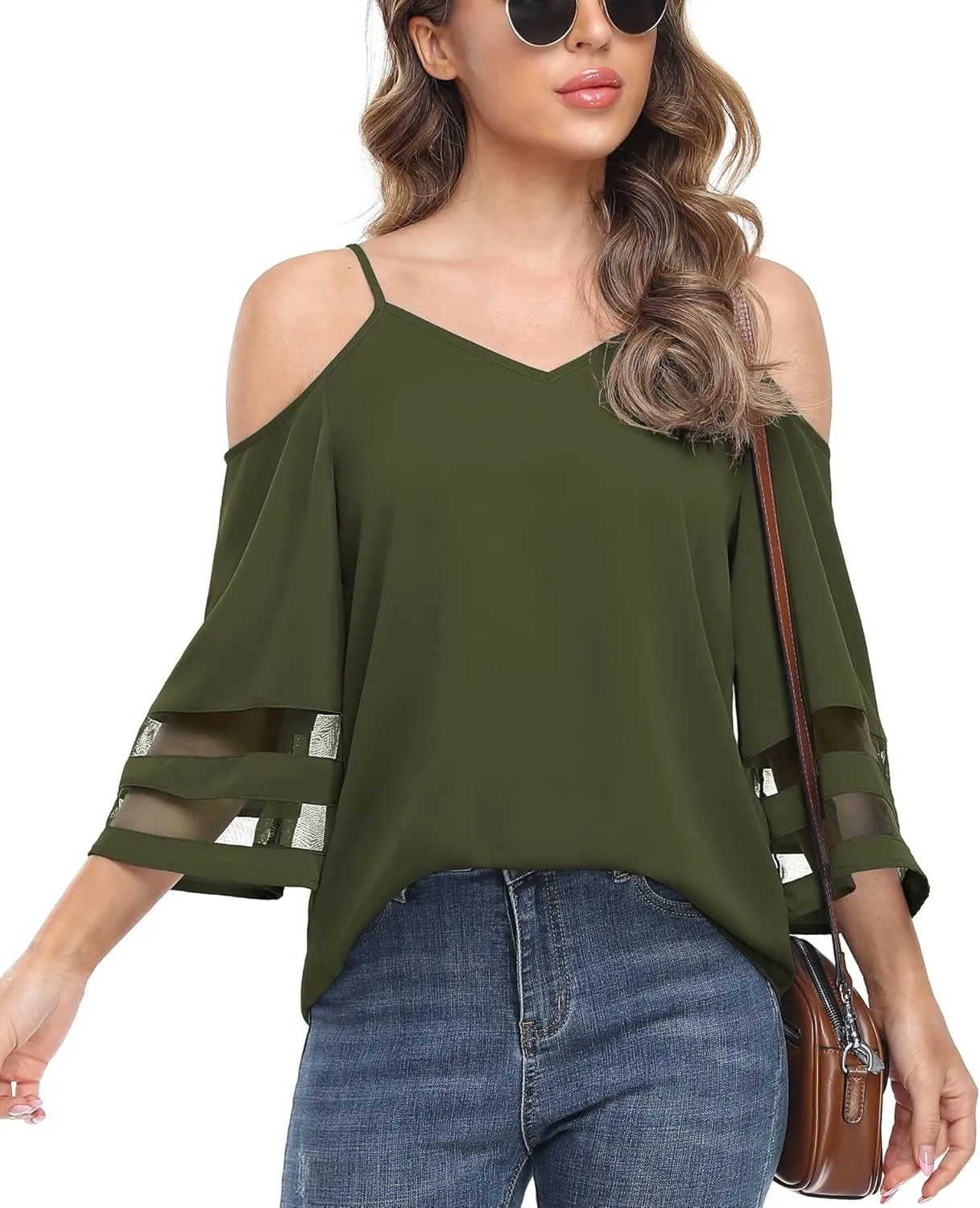 Jouica Women‘s Summer Cold Shoulder Tops Mesh Panel 3/4 Bell Sleeve Tees Adjustable Spaghetti Strap Loose Fit Shirts
