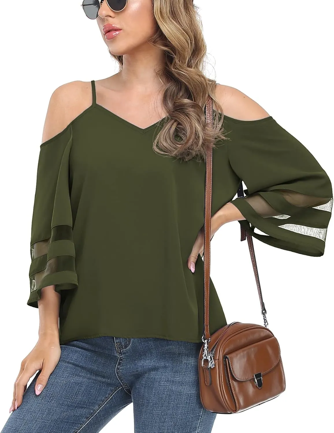 Jouica Women‘s Summer Cold Shoulder Tops Mesh Panel 3/4 Bell Sleeve Tees Adjustable Spaghetti Strap Loose Fit Shirts