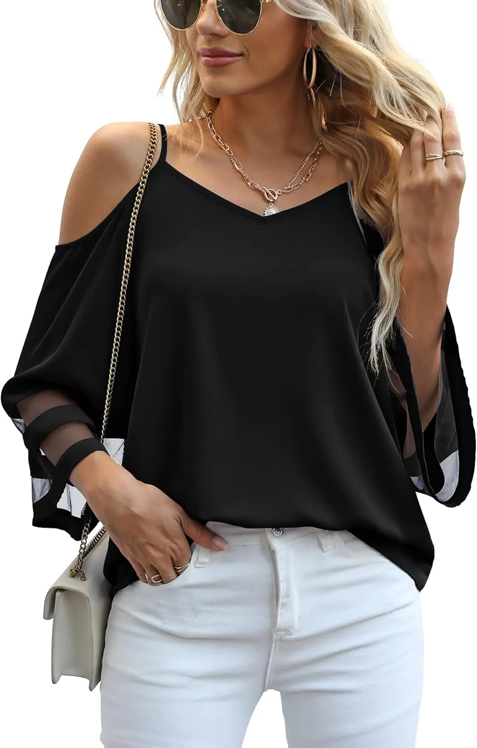 Jouica Women‘s Summer Cold Shoulder Tops Mesh Panel 3/4 Bell Sleeve Tees Adjustable Spaghetti Strap Loose Fit Shirts