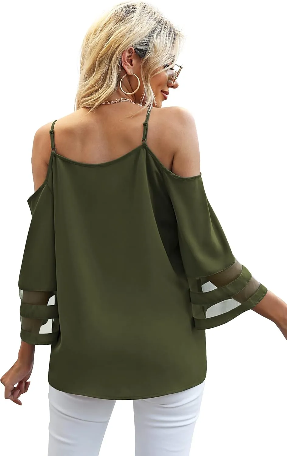 Jouica Women‘s Summer Cold Shoulder Tops Mesh Panel 3/4 Bell Sleeve Tees Adjustable Spaghetti Strap Loose Fit Shirts