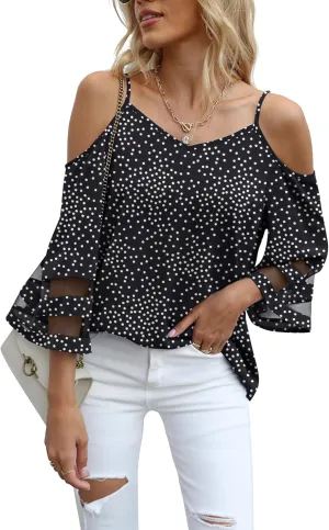 Jouica Women‘s Summer Cold Shoulder Tops Mesh Panel 3/4 Bell Sleeve Tees Adjustable Spaghetti Strap Loose Fit Shirts