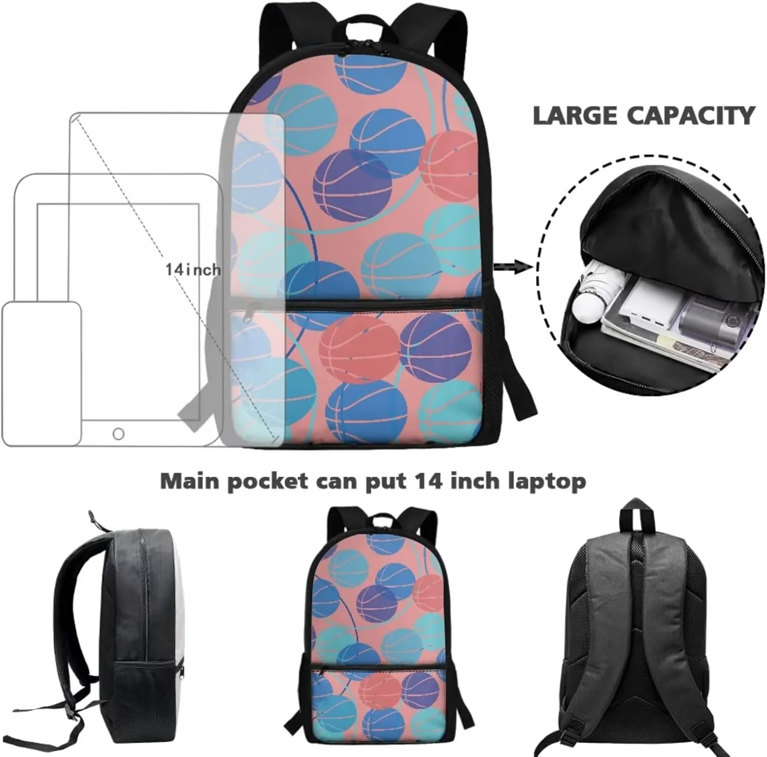 JoyLamoria Basketball Print Pencil Case Casual Shoulder Backpack Lunch Pouch Zipper Closure 3 Pack Crossbody Bag Set