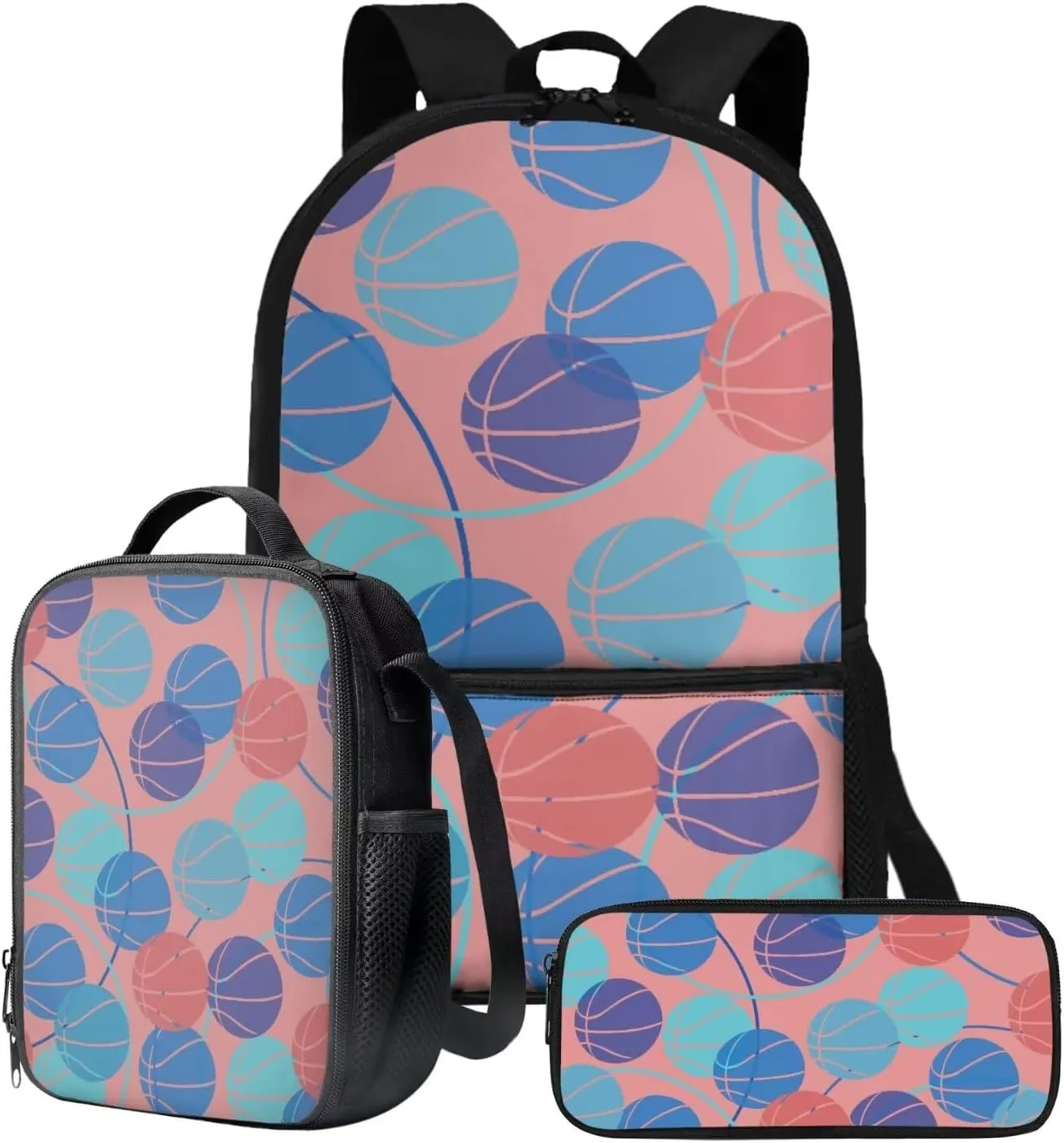 JoyLamoria Basketball Print Pencil Case Casual Shoulder Backpack Lunch Pouch Zipper Closure 3 Pack Crossbody Bag Set