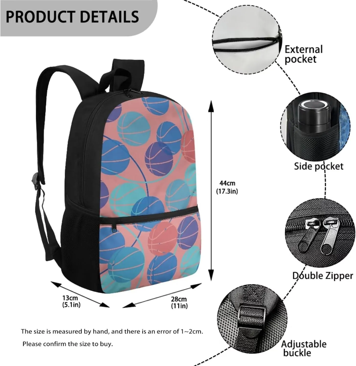 JoyLamoria Basketball Print Pencil Case Casual Shoulder Backpack Lunch Pouch Zipper Closure 3 Pack Crossbody Bag Set