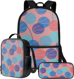 JoyLamoria Basketball Print Pencil Case Casual Shoulder Backpack Lunch Pouch Zipper Closure 3 Pack Crossbody Bag Set