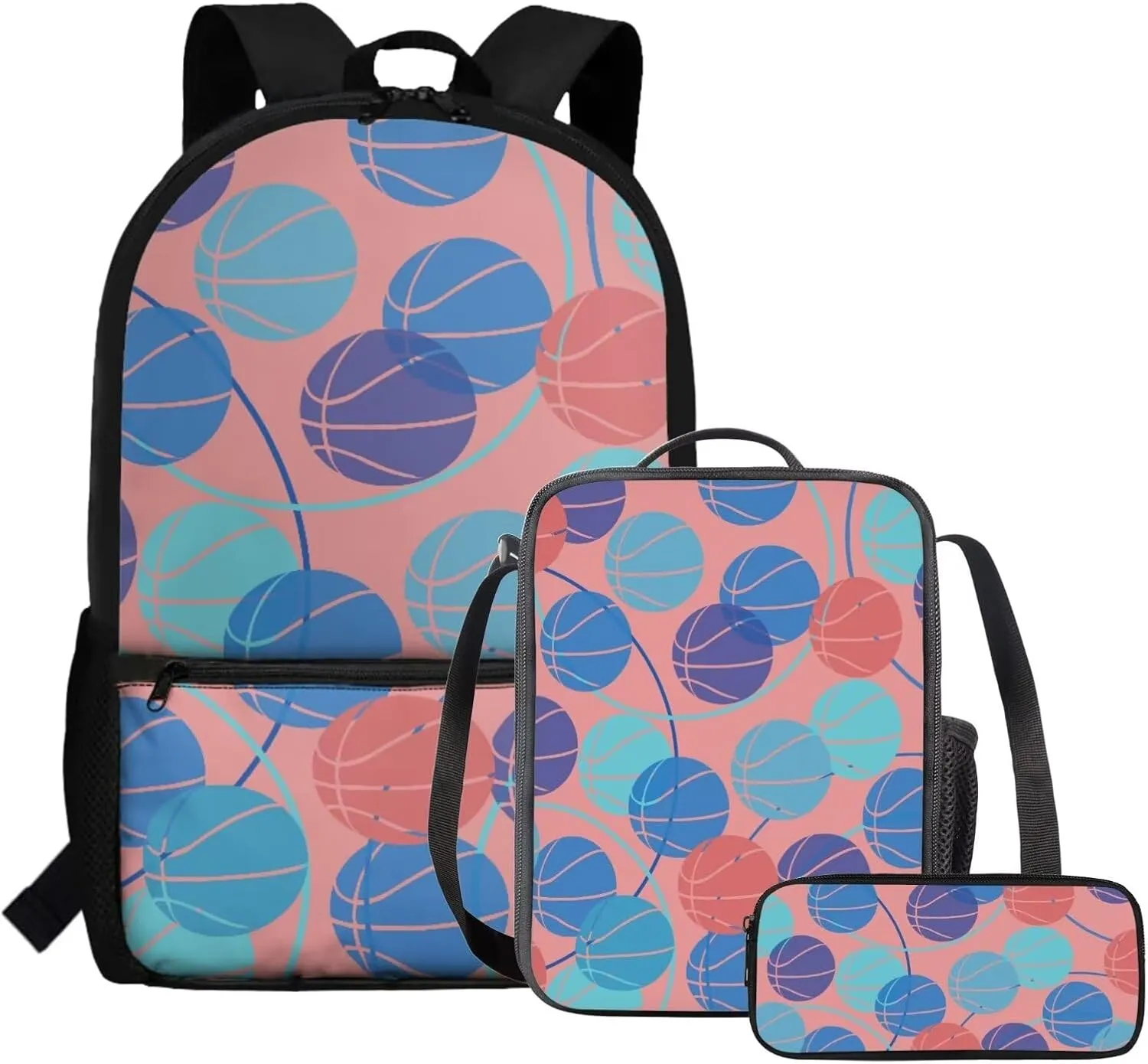 JoyLamoria Basketball Print Pencil Case Casual Shoulder Backpack Lunch Pouch Zipper Closure 3 Pack Crossbody Bag Set