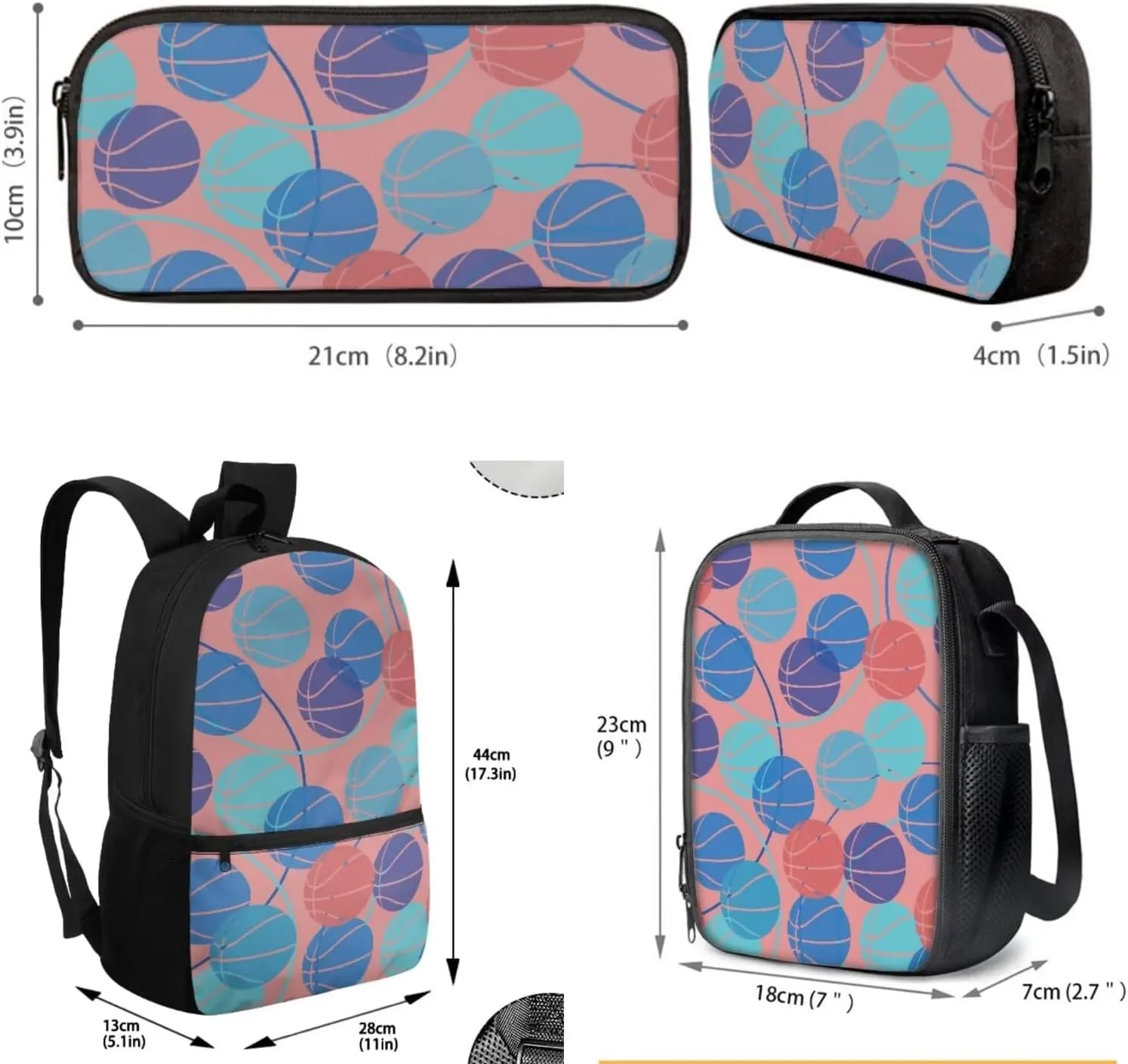 JoyLamoria Basketball Print Pencil Case Casual Shoulder Backpack Lunch Pouch Zipper Closure 3 Pack Crossbody Bag Set