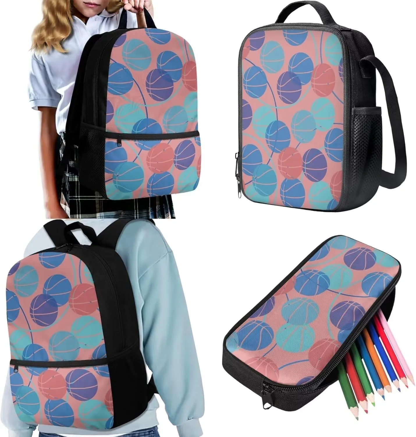 JoyLamoria Basketball Print Pencil Case Casual Shoulder Backpack Lunch Pouch Zipper Closure 3 Pack Crossbody Bag Set
