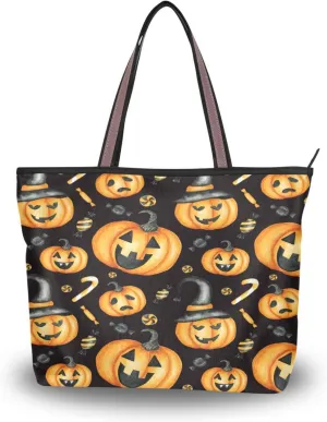 JSTEL Halloween Pumpkin Tote Purse with Pockets and Compartments,Halloween Tote Bag Zippered