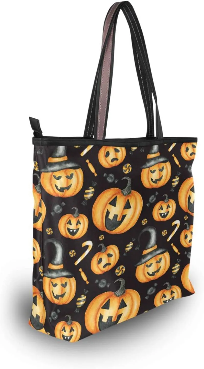 JSTEL Halloween Pumpkin Tote Purse with Pockets and Compartments,Halloween Tote Bag Zippered
