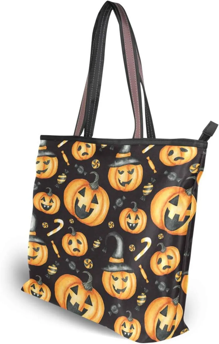 JSTEL Halloween Pumpkin Tote Purse with Pockets and Compartments,Halloween Tote Bag Zippered