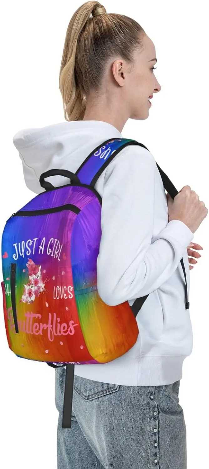 Just A Women Who Loves Butterflies Travel Laptop Backpack Casual Backpacks Double Shoulder Daypack Notebook Rucksack Work Bags Sports Bag for Gym Hiking Camping Beach