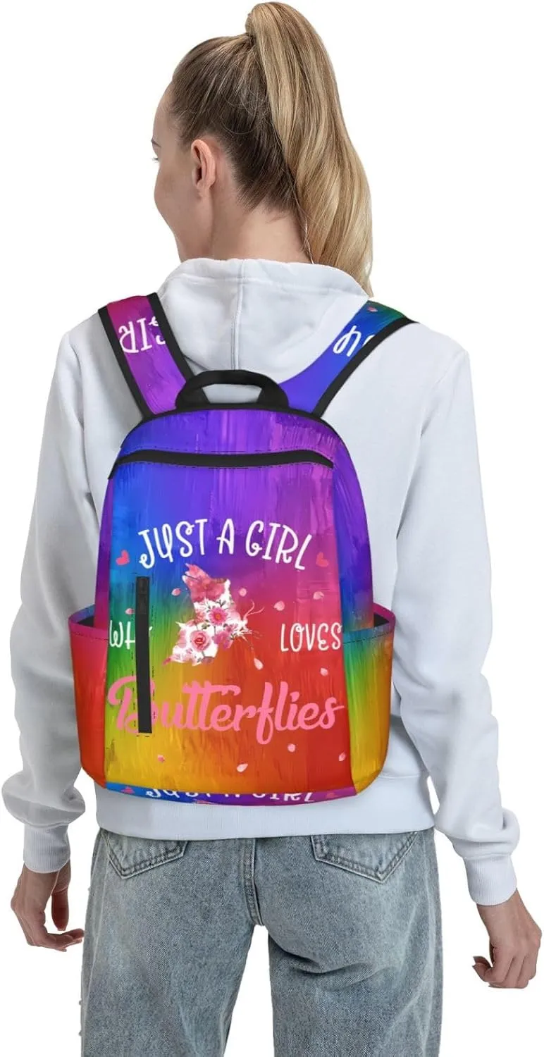 Just A Women Who Loves Butterflies Travel Laptop Backpack Casual Backpacks Double Shoulder Daypack Notebook Rucksack Work Bags Sports Bag for Gym Hiking Camping Beach