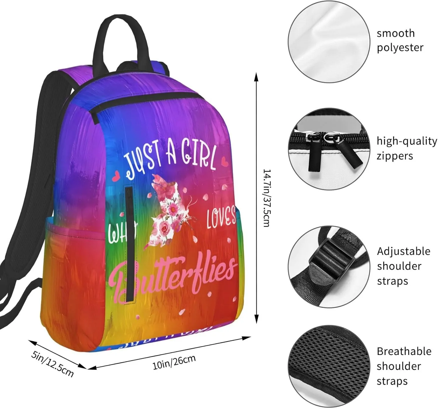 Just A Women Who Loves Butterflies Travel Laptop Backpack Casual Backpacks Double Shoulder Daypack Notebook Rucksack Work Bags Sports Bag for Gym Hiking Camping Beach