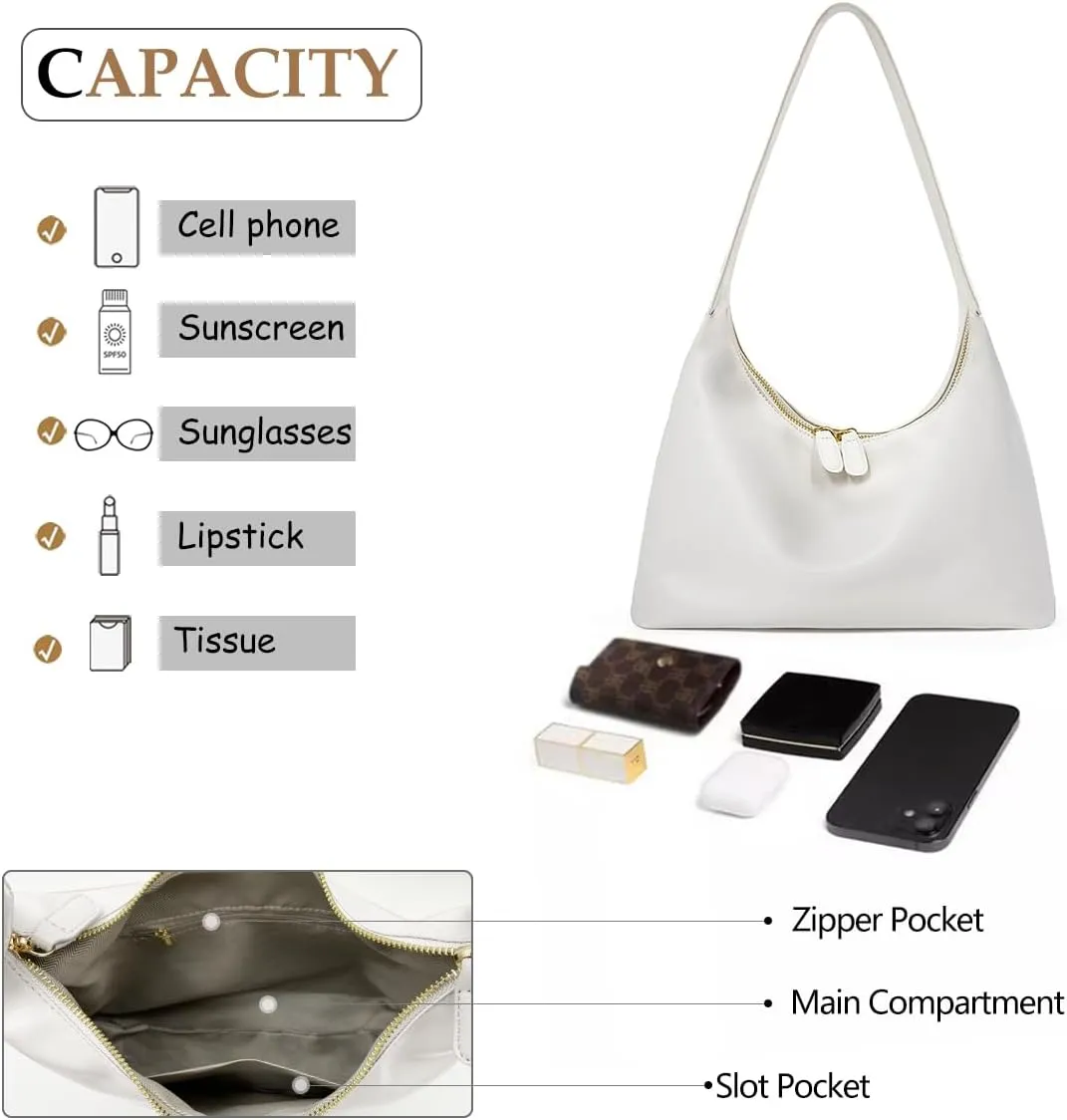 JYG Leather Hobo Bags for Women Small Soft Shoulder Purse Slouchy Tote Handbags with Double Zipper Design 2025