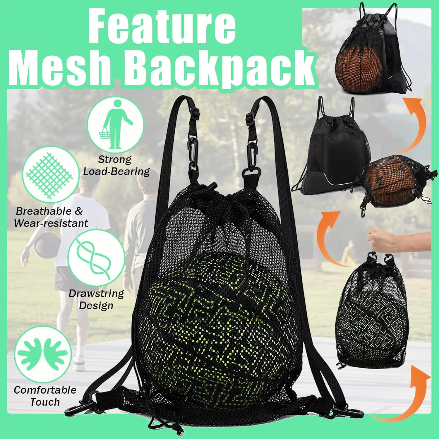 KAEGREEL Drawstring Soccer Bag Basketball Backpack for Kids Teens, Foldable Sports Bags Detachable Ball Mesh Bag for Gym Yoga Football Baseball