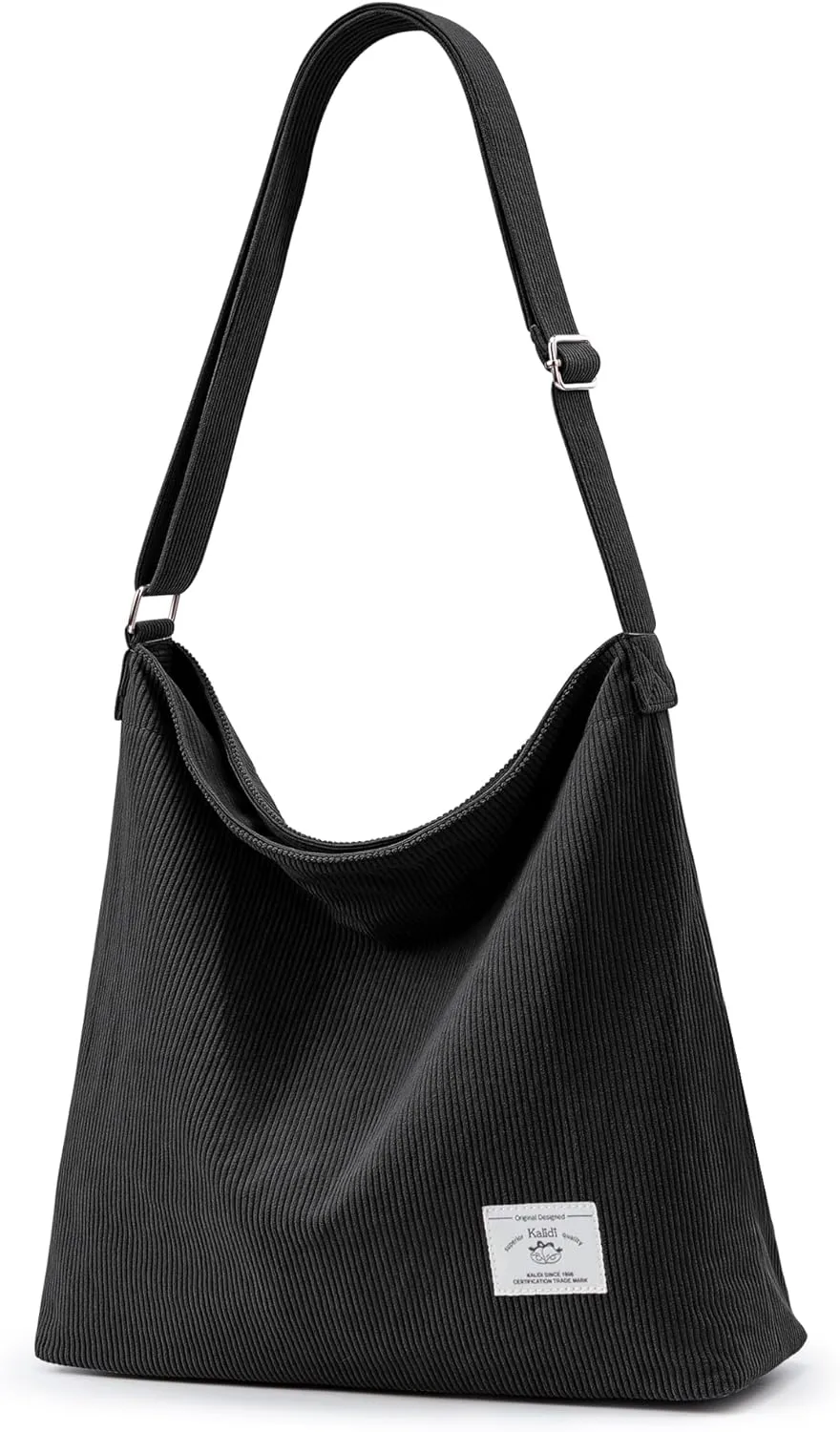 KALIDI Corduroy Tote Bag for Women Casual Zipper Tote Handbag Large Crossbody Hobo Shoulder Bag Work Fashion Women Purse