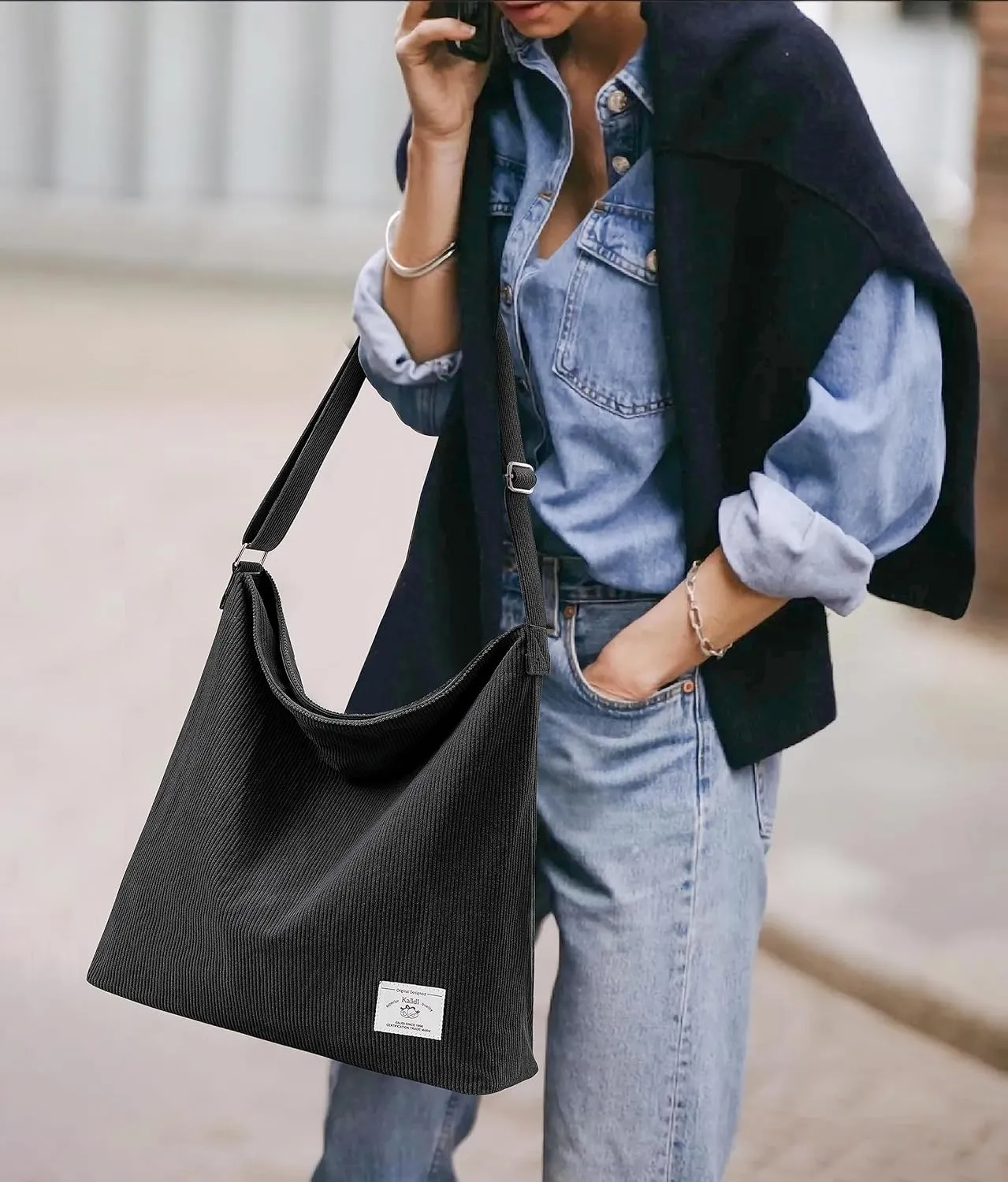 KALIDI Corduroy Tote Bag for Women Casual Zipper Tote Handbag Large Crossbody Hobo Shoulder Bag Work Fashion Women Purse