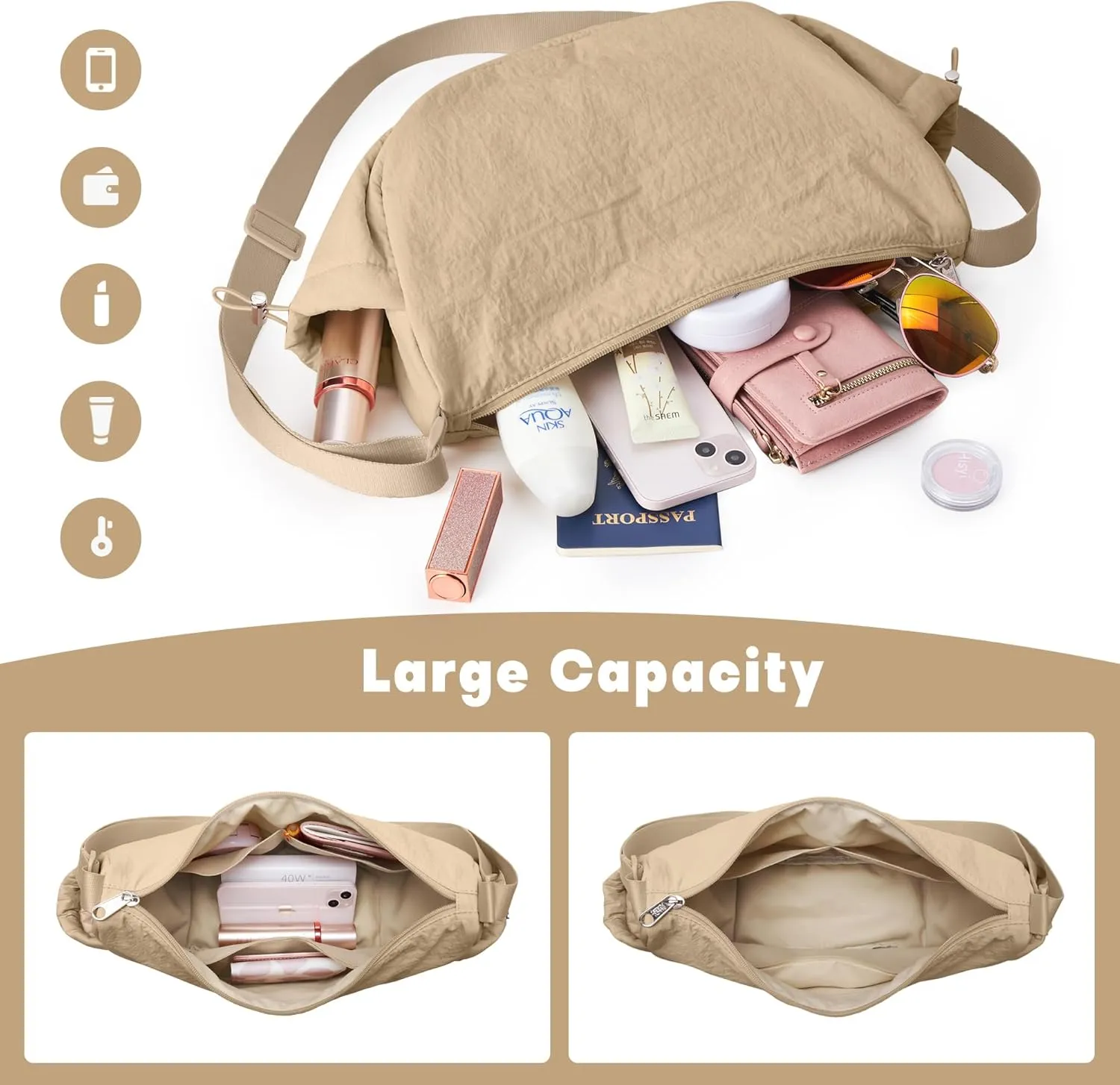 KALIDI Crossbody Purse Bag for Women Nylon Crescent Bag Men Dumpling Bag Lightweight Travel Sling Bag with Adjustable Strap