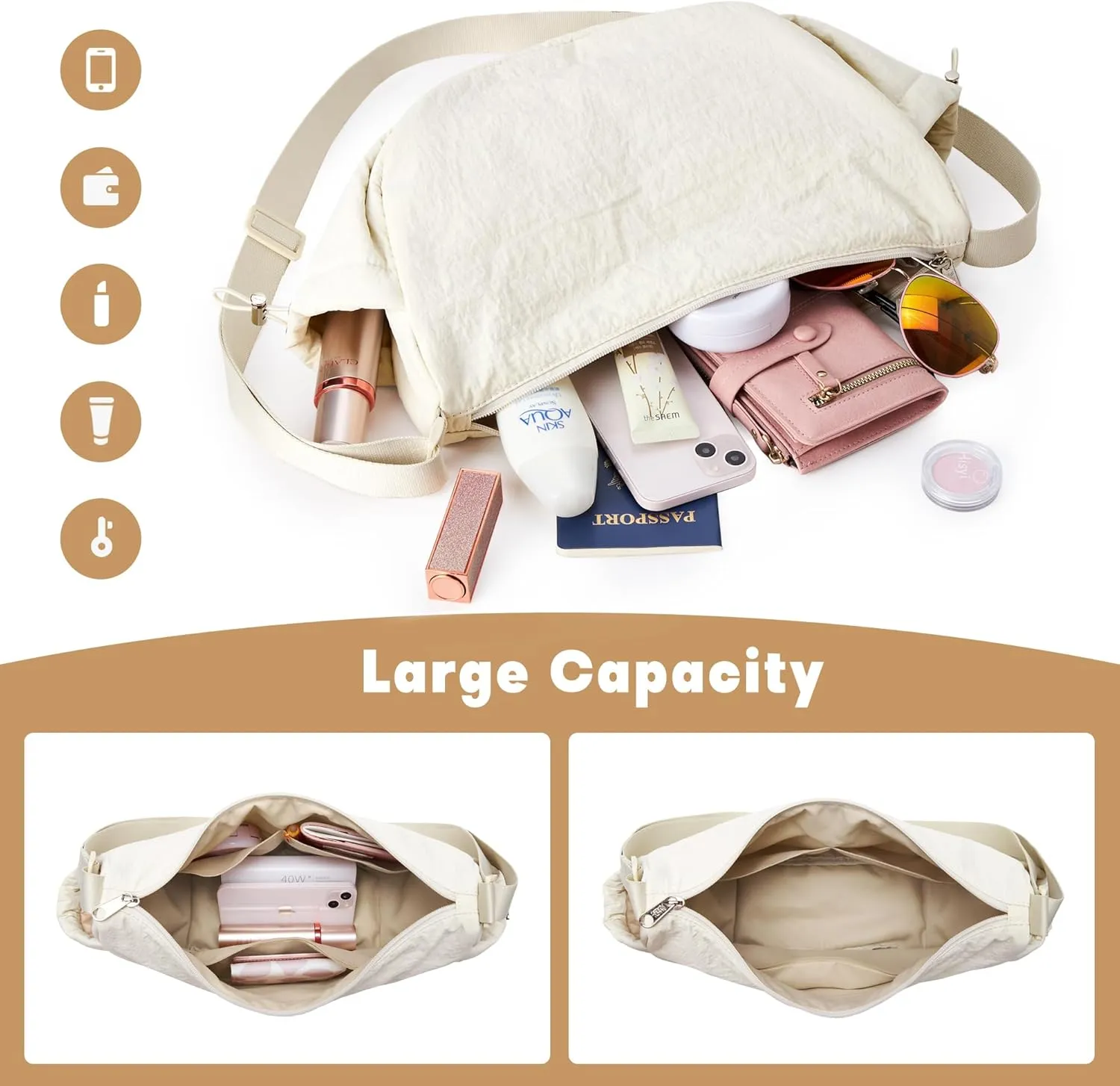 KALIDI Crossbody Purse Bag for Women Nylon Crescent Bag Men Dumpling Bag Lightweight Travel Sling Bag with Adjustable Strap