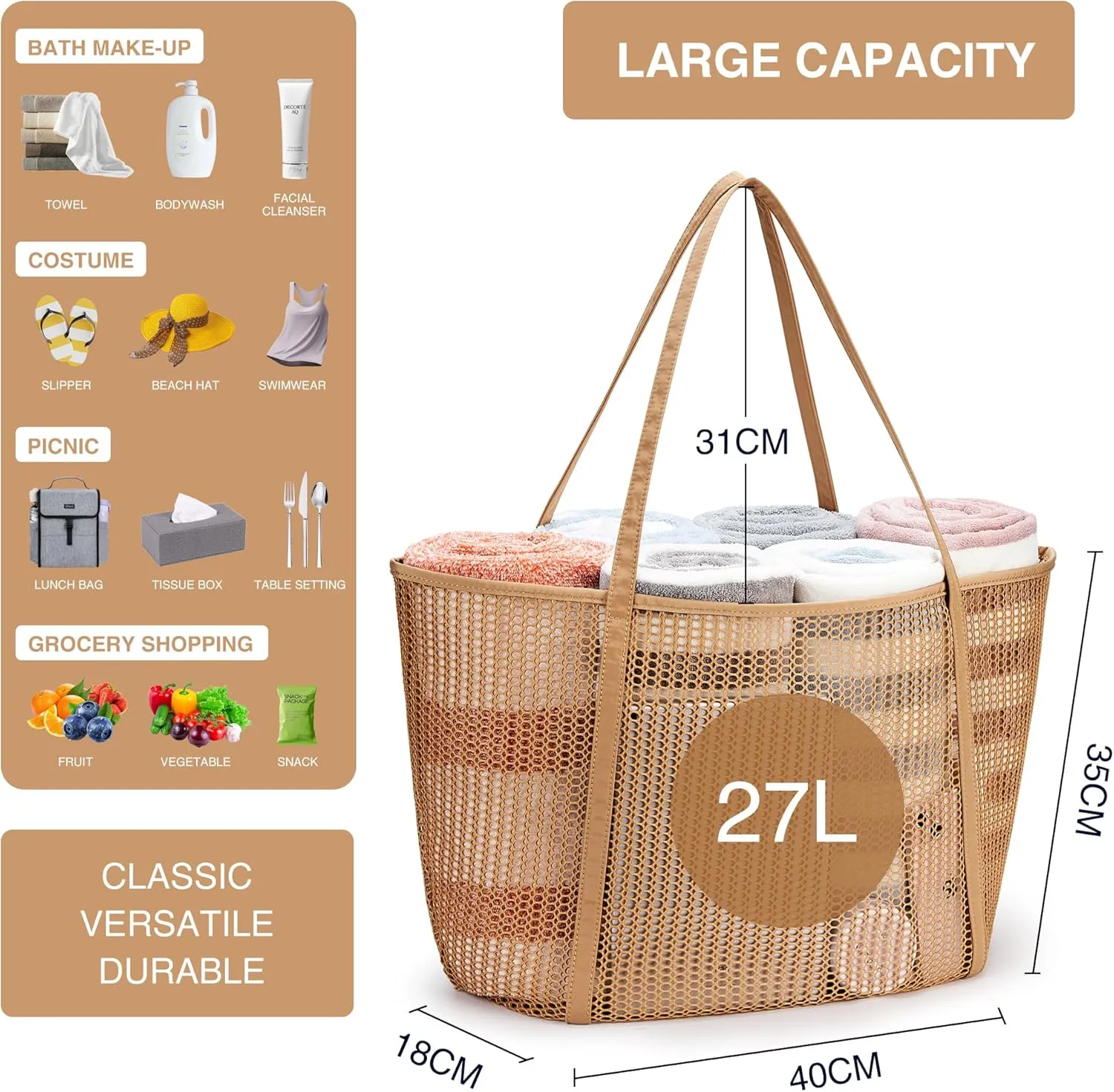 KALIDI FANCY FOREST Beach Mesh Tote Bag, Womens Shoulder handbag MAX 27L Grocery Bag