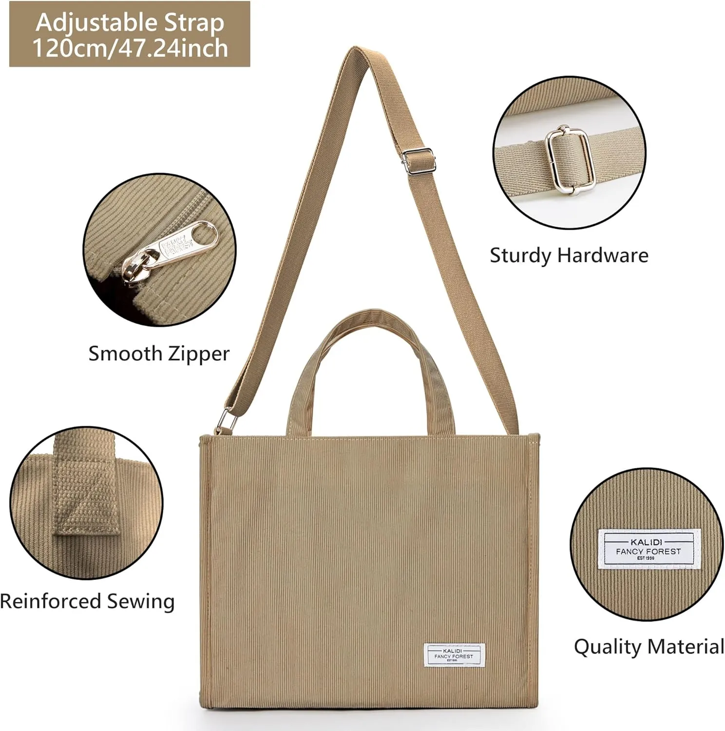 KALIDI Tote Bag for Women Corduroy Crossbody Bag Casual Zipper Tote Fashion Shoulder Handbag Hobo bag with Pockets