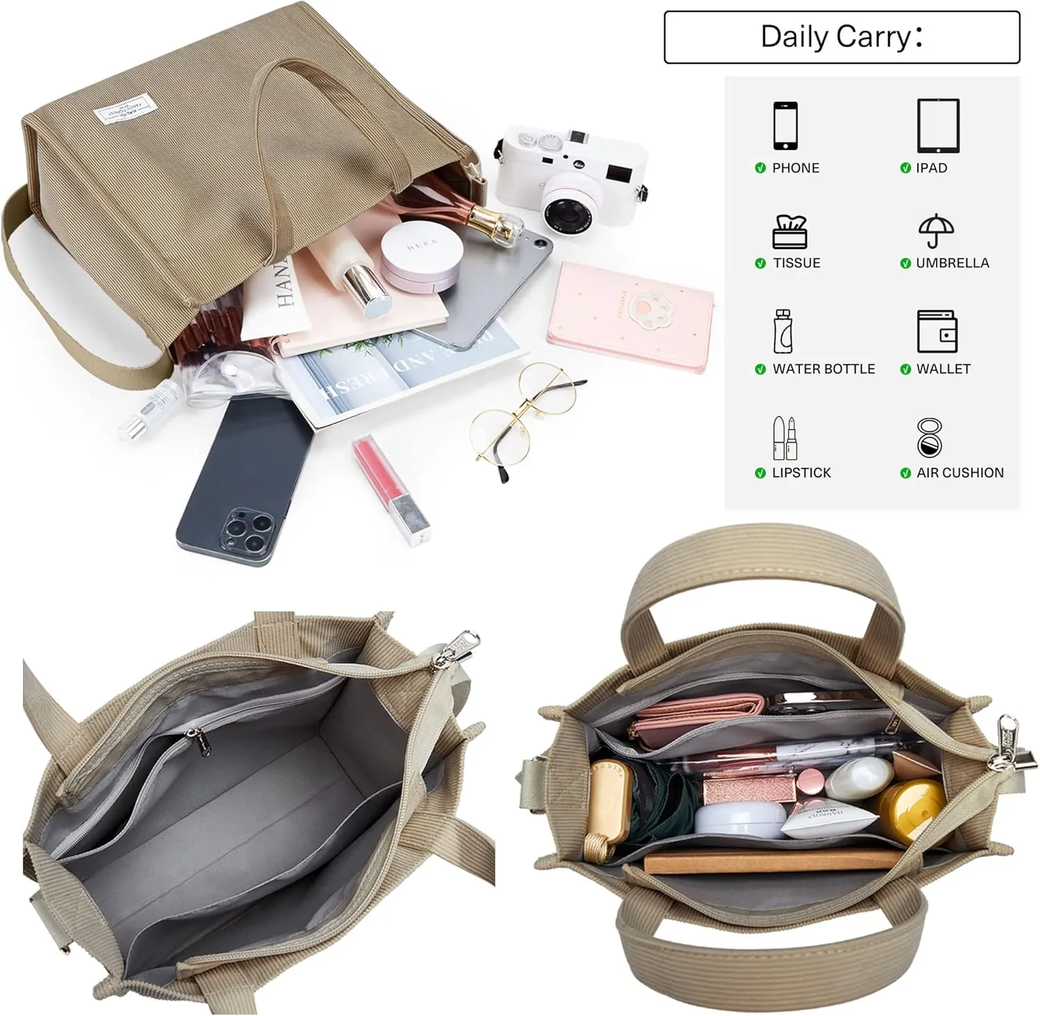 KALIDI Tote Bag for Women Corduroy Crossbody Bag Casual Zipper Tote Fashion Shoulder Handbag Hobo bag with Pockets