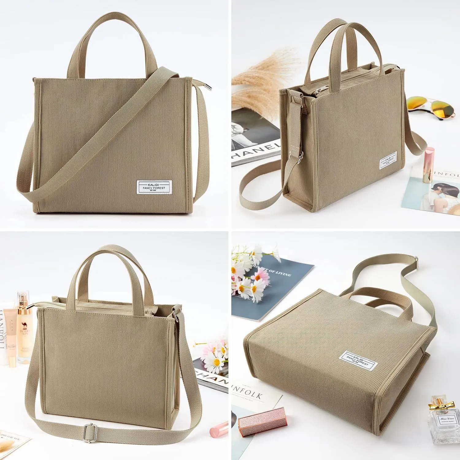 KALIDI Tote Bag for Women Corduroy Crossbody Bag Casual Zipper Tote Fashion Shoulder Handbag Hobo bag with Pockets