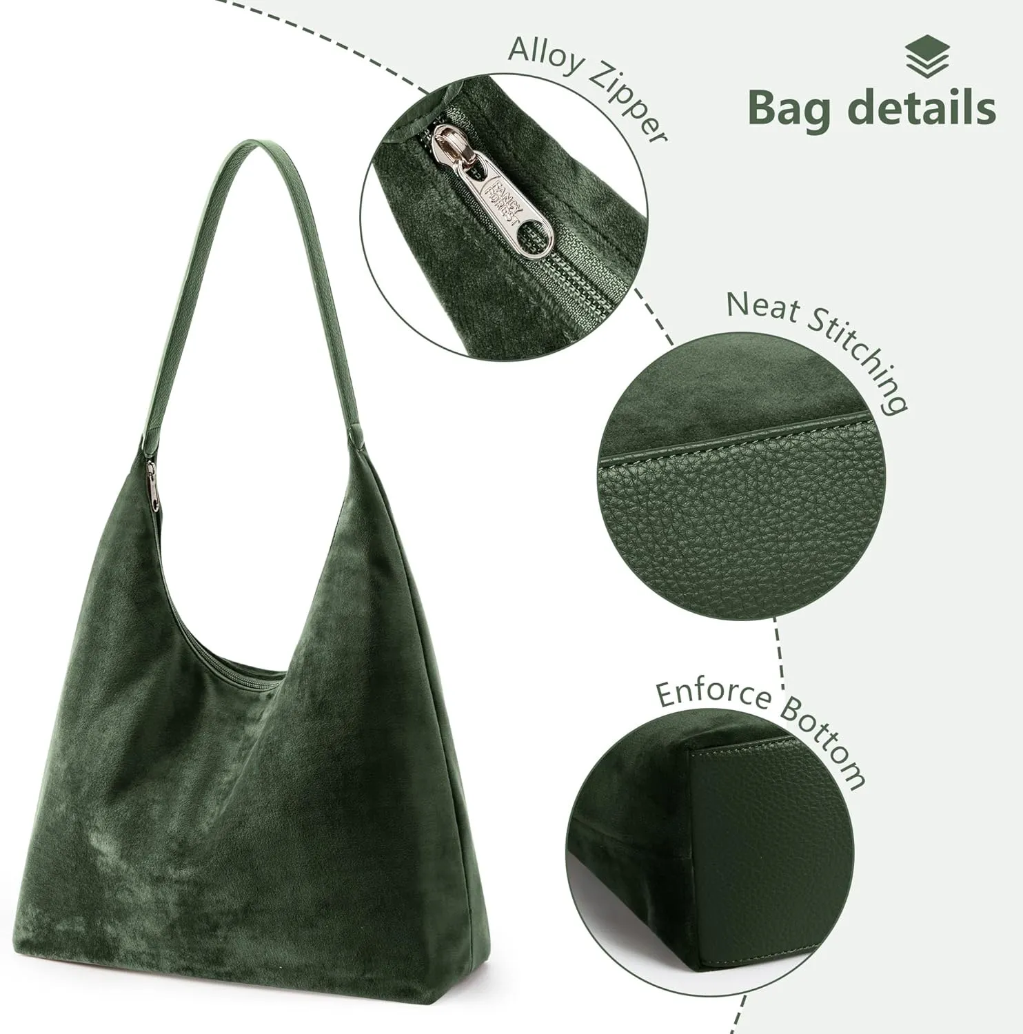 KALIDI Vintage 15L Hobo Bag Faux Suede Tote Zipper Work Bag Vegan Leather Shoulder Strap for Women Travel Purse