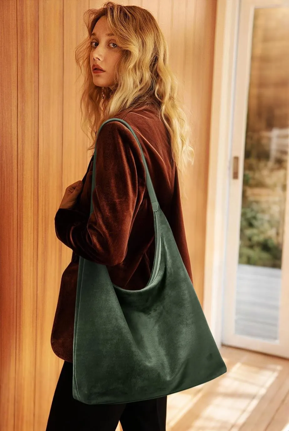 KALIDI Vintage 15L Hobo Bag Faux Suede Tote Zipper Work Bag Vegan Leather Shoulder Strap for Women Travel Purse