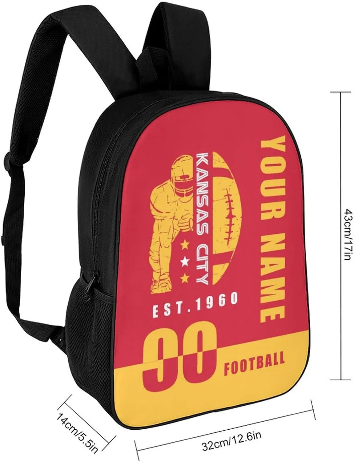 Kansas City Backpack 17 Inch SchoolBag, Personalized Any Name Number High Capacity Laptop Bag Casual Daypack for Man/Woman/Girl/Boy