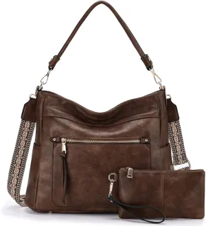 Kasqo Hobo Bags for Women,Medium Vegan Leather Handbag with Wallet Pouch Set Guitar Strap Crossbody Tote Purse Shoulder Bag