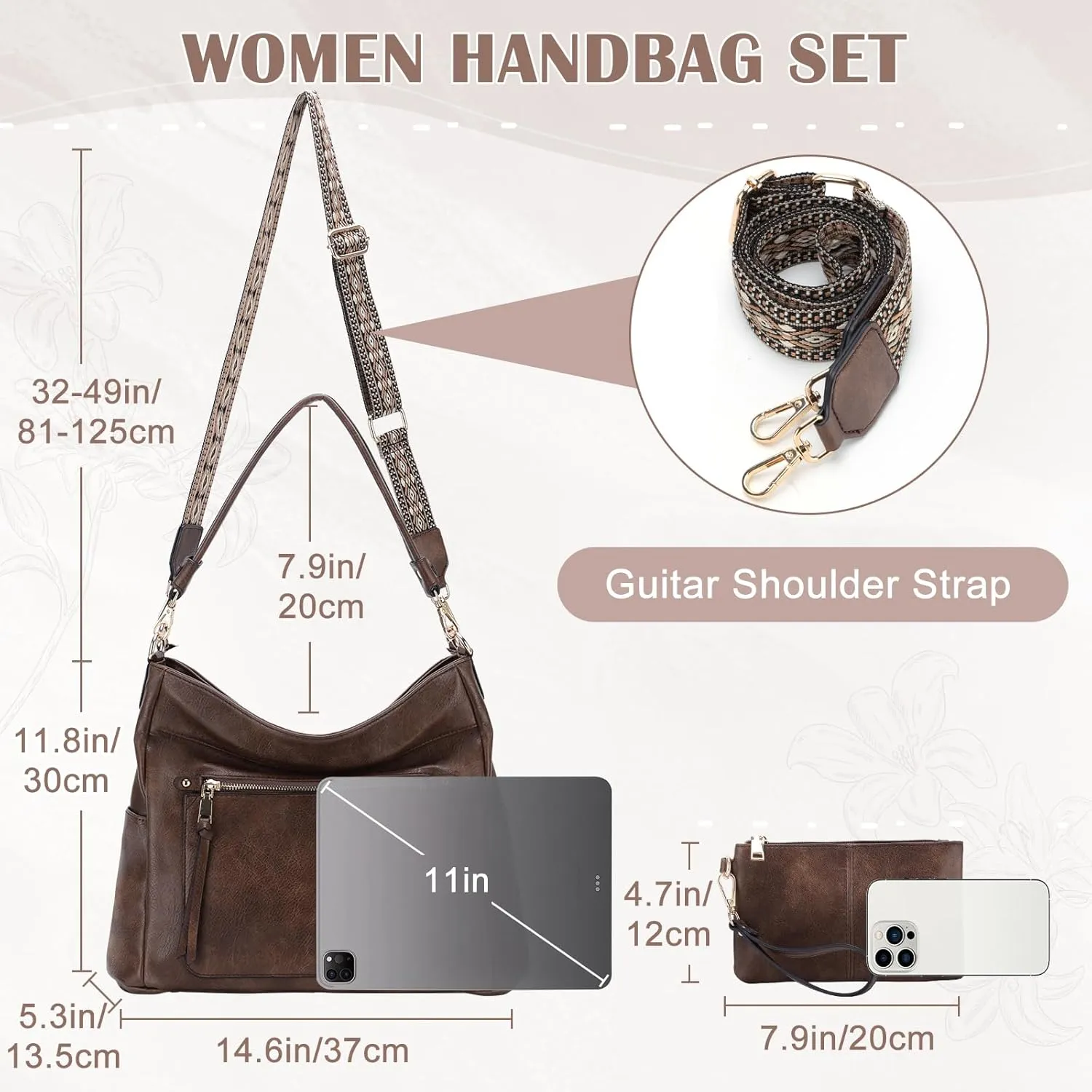Kasqo Hobo Bags for Women,Medium Vegan Leather Handbag with Wallet Pouch Set Guitar Strap Crossbody Tote Purse Shoulder Bag