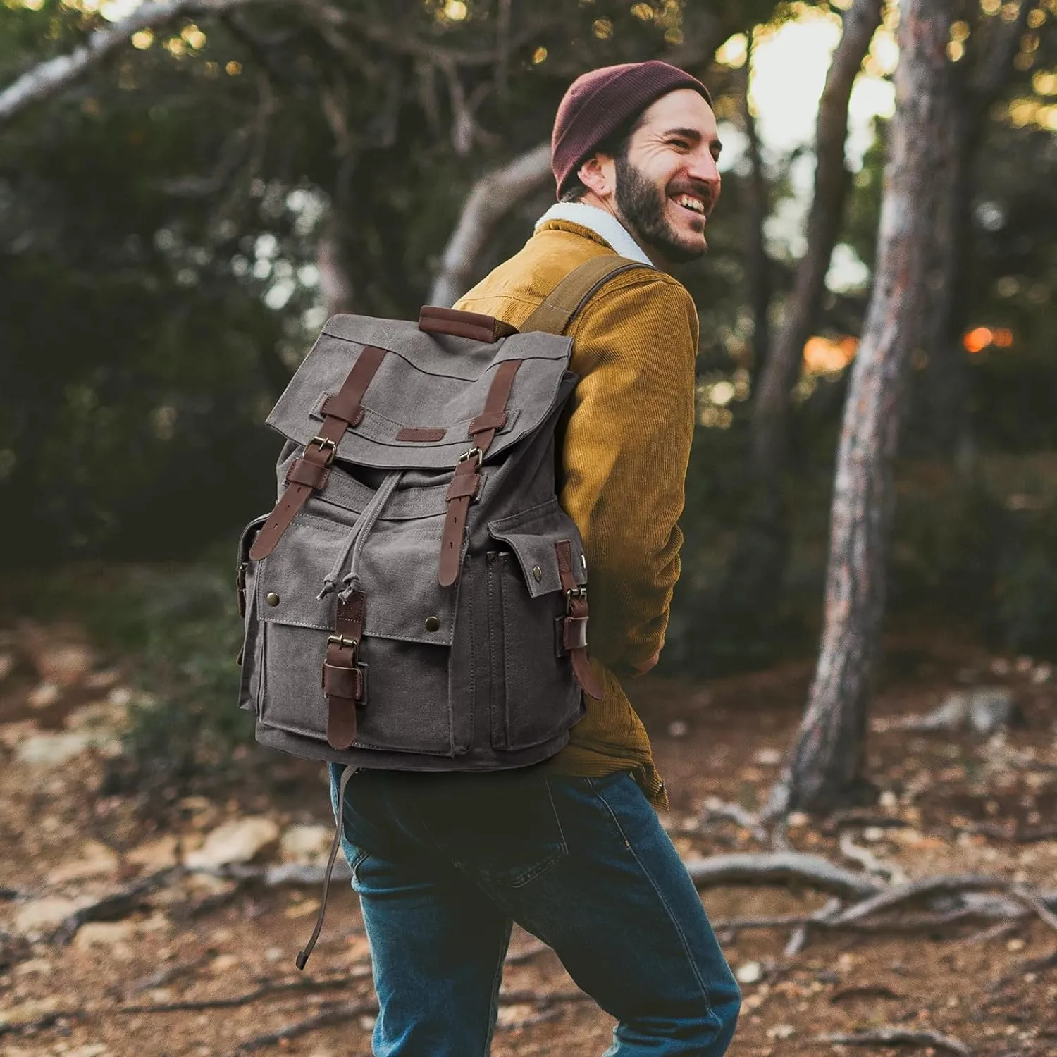 Kattee Men’s Leather Canvas Backpack Large School Bag Travel Rucksack Grey