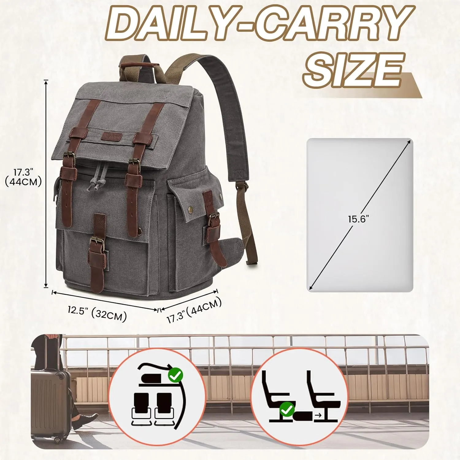 Kattee Men’s Leather Canvas Backpack Large School Bag Travel Rucksack Grey