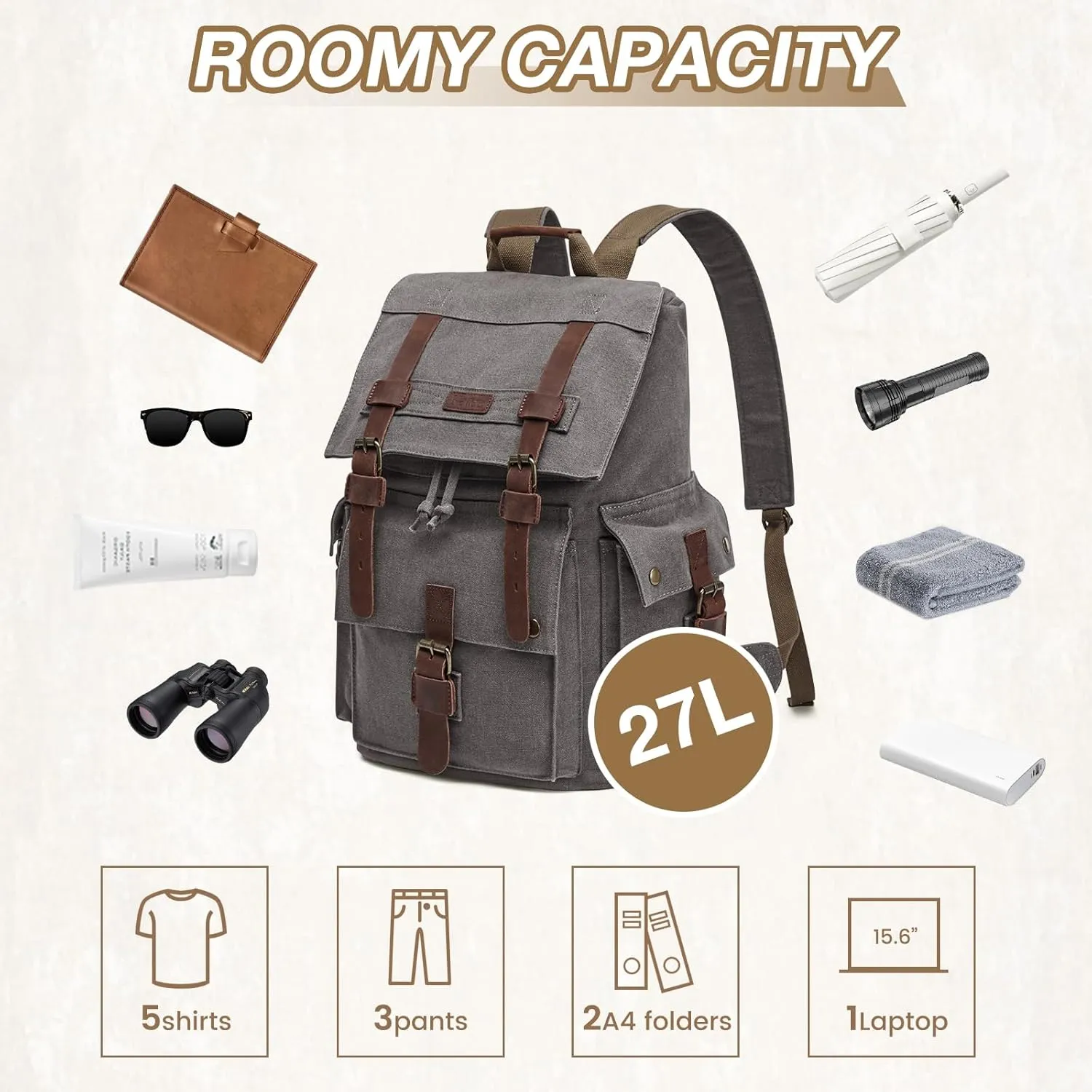 Kattee Men’s Leather Canvas Backpack Large School Bag Travel Rucksack Grey