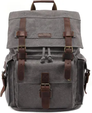 Kattee Men’s Leather Canvas Backpack Large School Bag Travel Rucksack Grey
