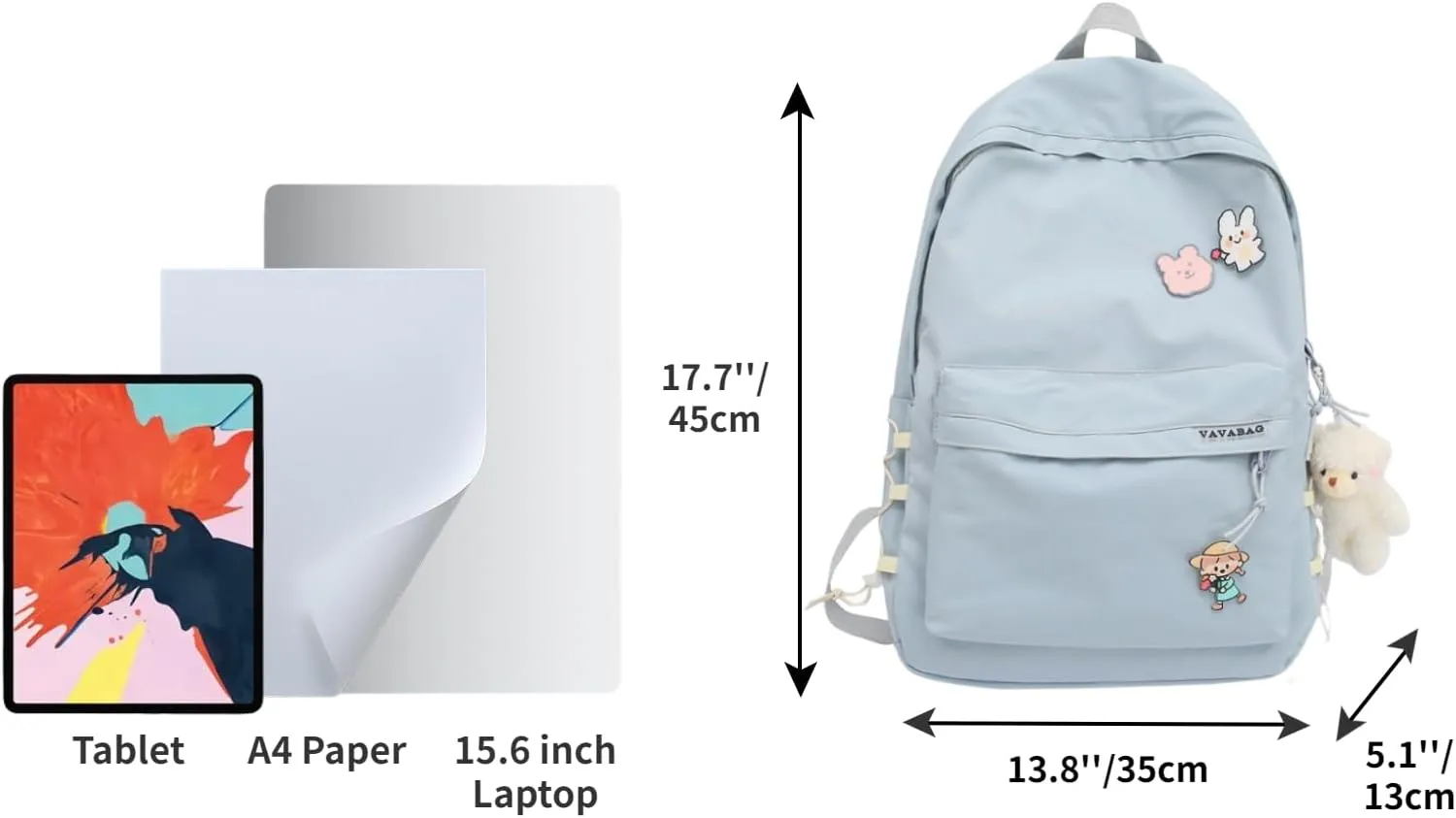 Kawaii Backpack with Cute Accessories Aesthetic 15.6 Inch Laptop Backpack Pin Plush Pendant (Blue,Single Backpack)