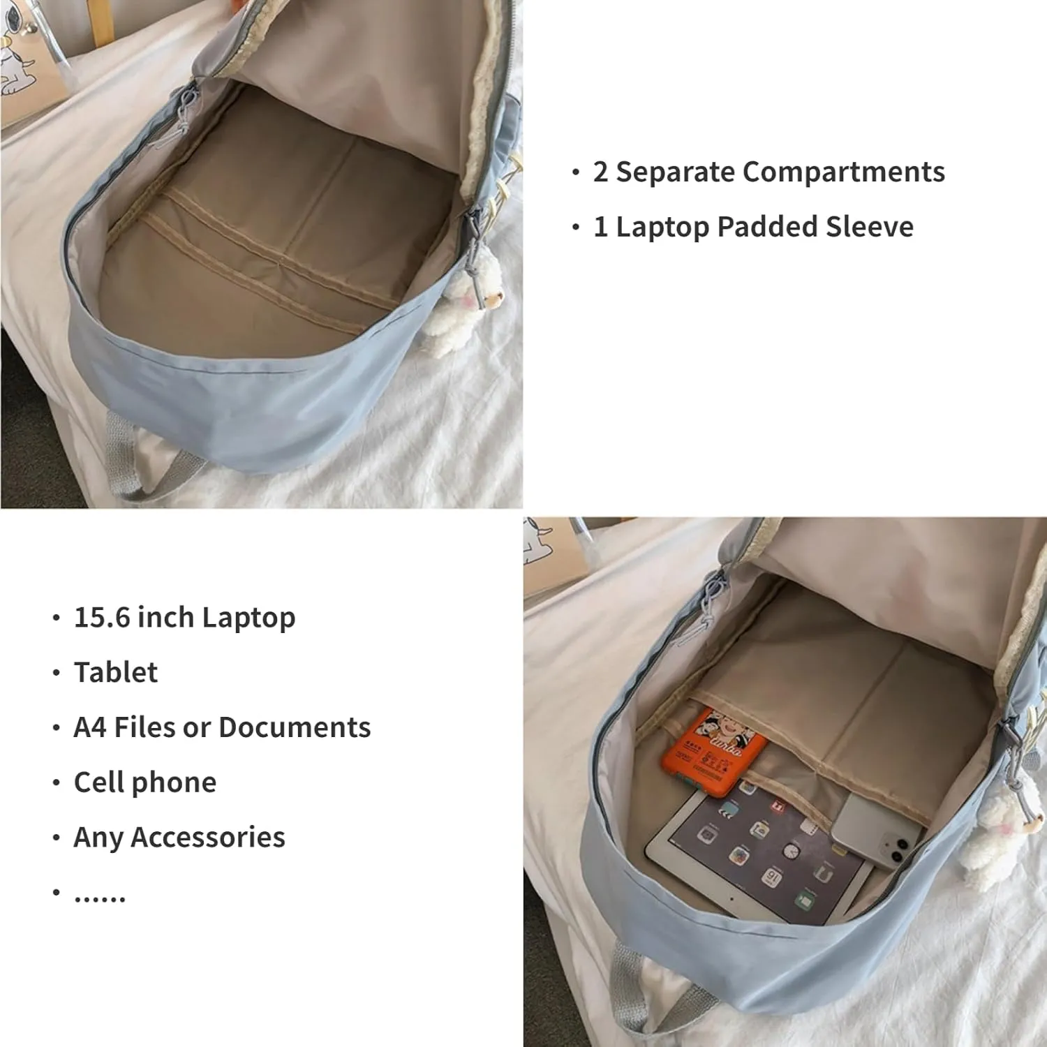 Kawaii Backpack with Cute Accessories Aesthetic 15.6 Inch Laptop Backpack Pin Plush Pendant (Blue,Single Backpack)