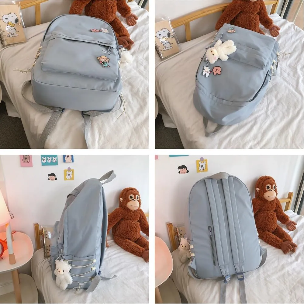 Kawaii Backpack with Cute Accessories Aesthetic 15.6 Inch Laptop Backpack Pin Plush Pendant (Blue,Single Backpack)